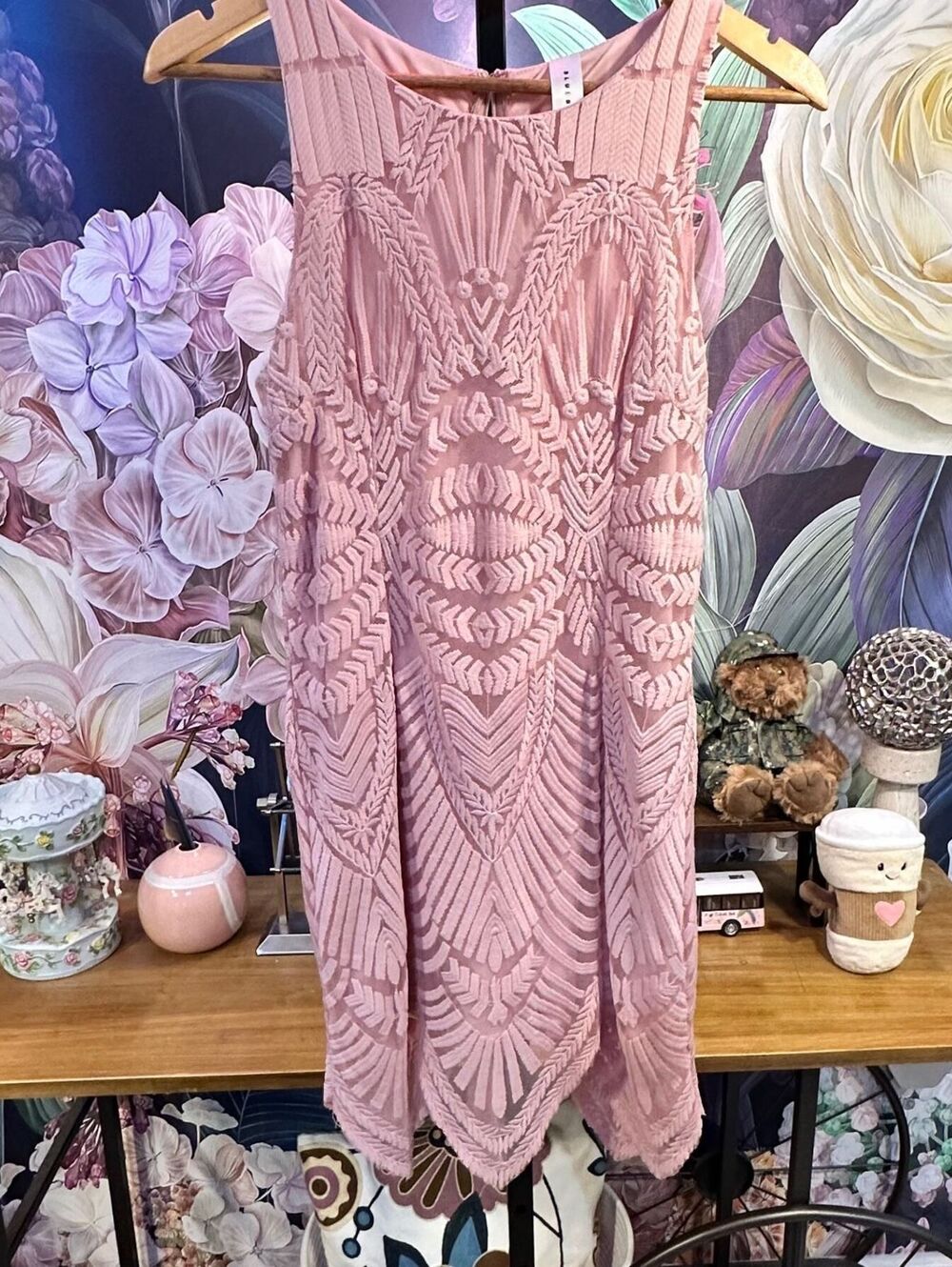 Blue Blush Lace Midi Dress Embroidered Art Deco Romantic Sleeveless Dusty Rose